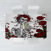 Printed skull and rose tablecloth panel with red roses and black skeleton, white base