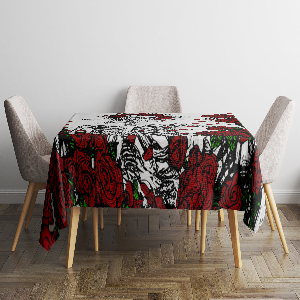Square skull and rose print tablecloth on dining table, red roses and black skulls