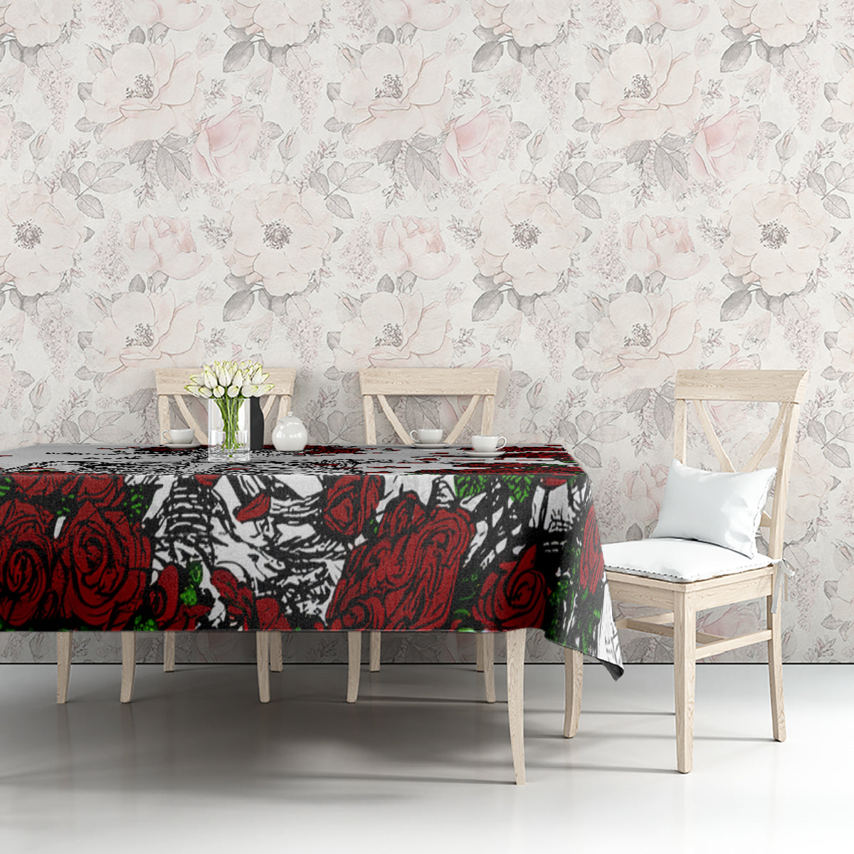 Skull and rose print tablecloth on bench table, red roses and black skeleton design