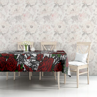 Skull and rose print tablecloth on bench table, red roses and black skeleton design