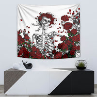 Skull and rose wall tapestry: white background with red roses and skeleton torso graphic