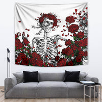 Skull and rose wall tapestry: white fabric with red roses and skeleton center graphic