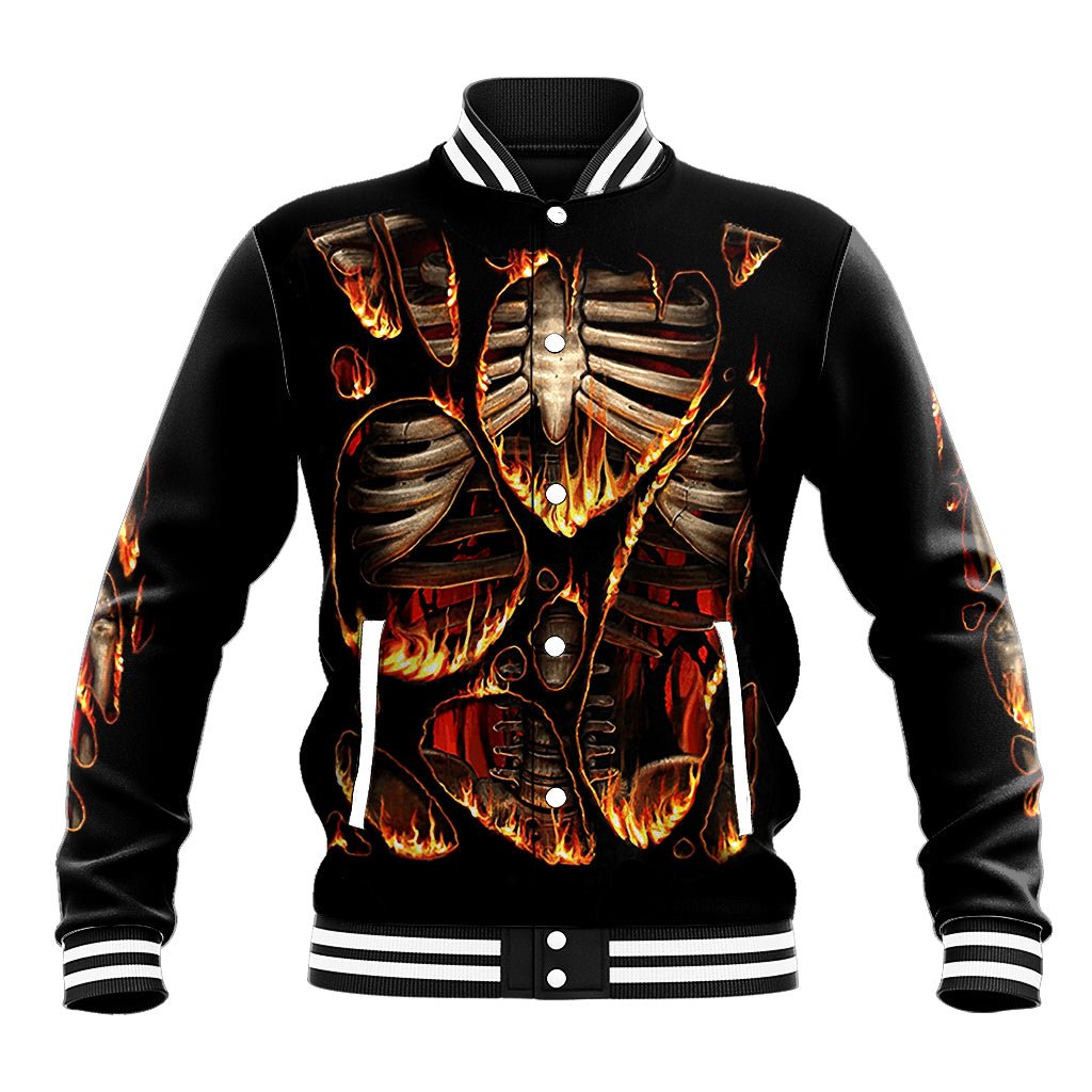 Black flame skull baseball jacket with skeleton graphic, striped ribbed collar and cuffs