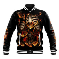 Black flame skull baseball jacket with skeleton graphic, striped ribbed collar and cuffs