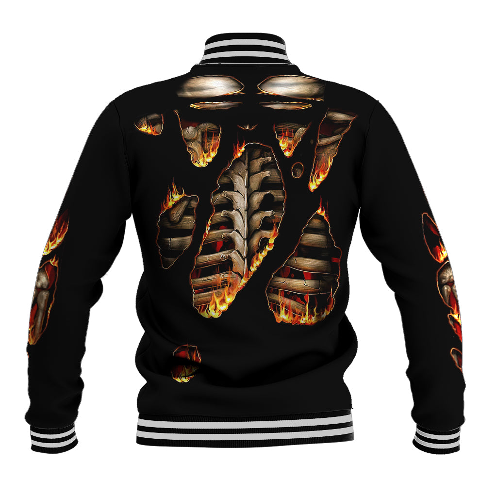 Black baseball jacket with large back skeleton graphic and striped ribbed hem and cuffs