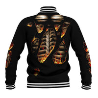 Black baseball jacket with large back skeleton graphic and striped ribbed hem and cuffs