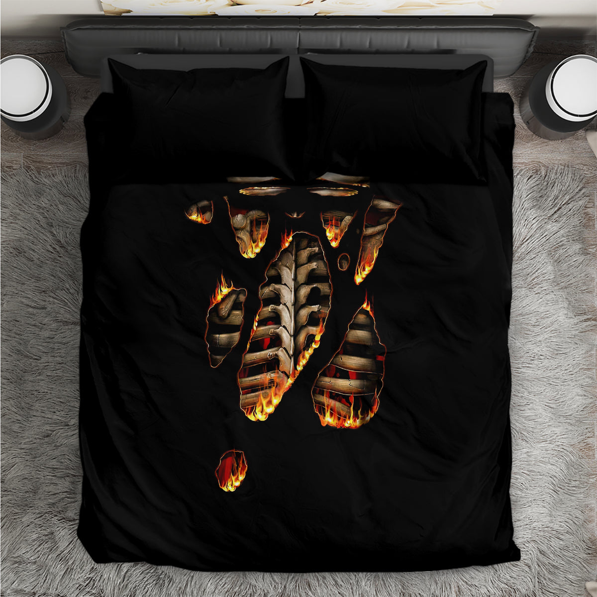 Black flame skeleton skull bedding set with two matching pillowcases, full front graphic