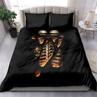 Black bedding set with flame skeleton skull center design and two black pillowcases