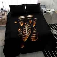 Black duvet bedding set with flame skeleton skull artwork and two dark pillowcases