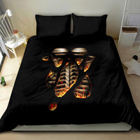 Black duvet bedding set with flame skeleton skull graphic and two matching pillowcases
