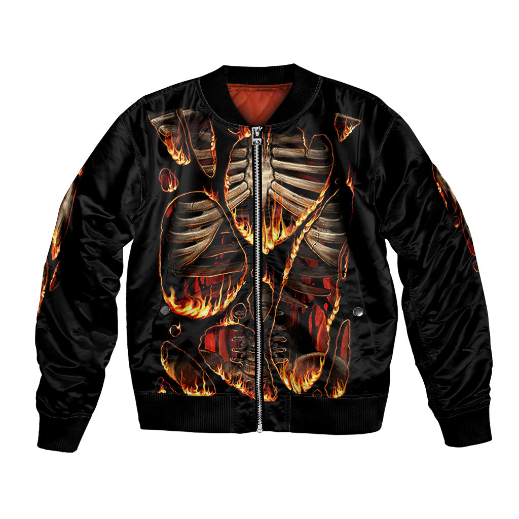 Unisex black bomber jacket with flame skull skeleton graphic and front zipper