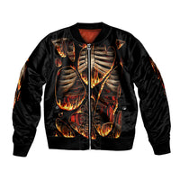 Unisex black bomber jacket with flame skull skeleton graphic and front zipper