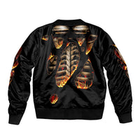 Unisex black bomber jacket with back flame skull skeleton graphic, ribbed hem