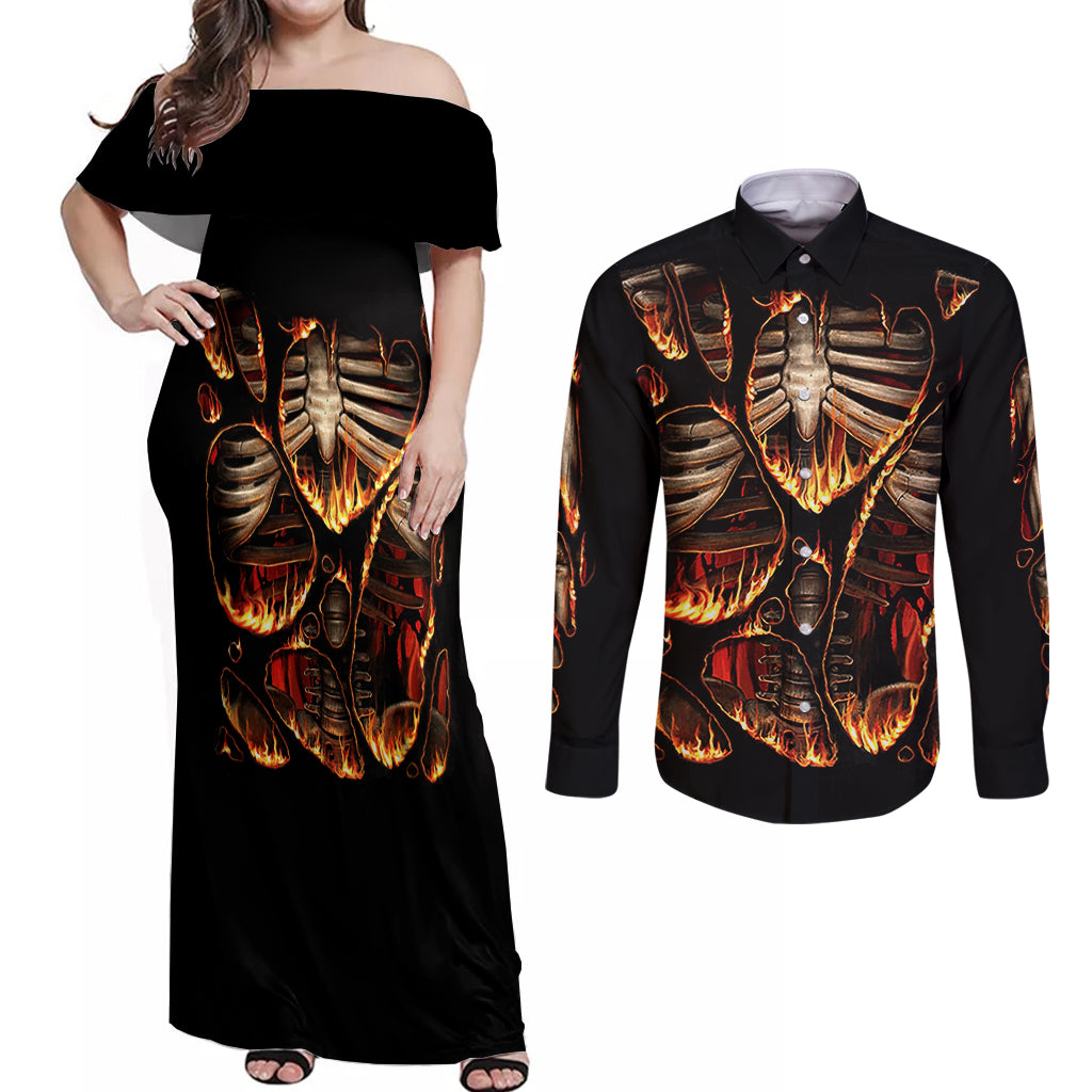 Flame Skull Couples Matching Off Shoulder Maxi Dress and Long Sleeve Button Shirts Flame Skeleton Inside My Body - Wonder Print Shop