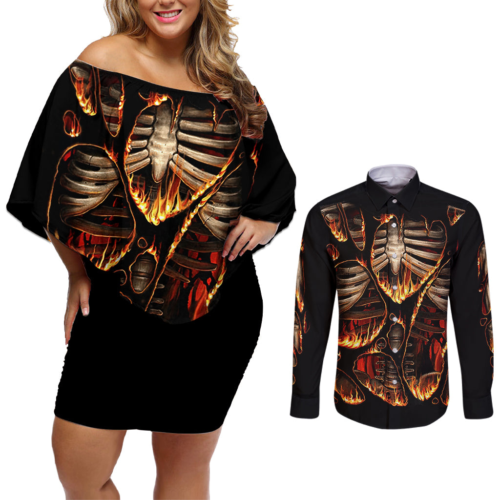 Flame Skull Couples Matching Off Shoulder Short Dress and Long Sleeve Button Shirts Flame Skeleton Inside My Body - Wonder Print Shop