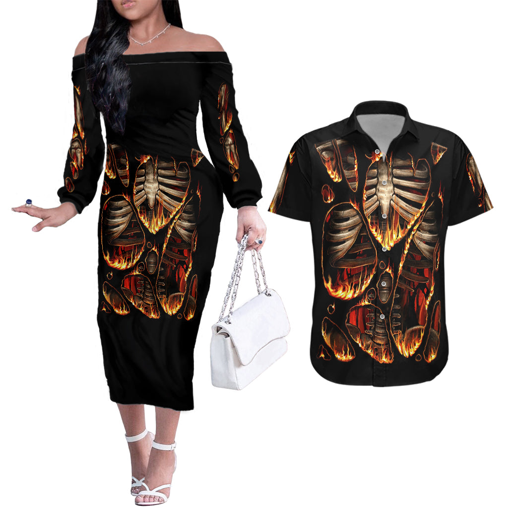 Flame Skull Couples Matching Off The Shoulder Long Sleeve Dress and Hawaiian Shirt Flame Skeleton Inside My Body - Wonder Print Shop