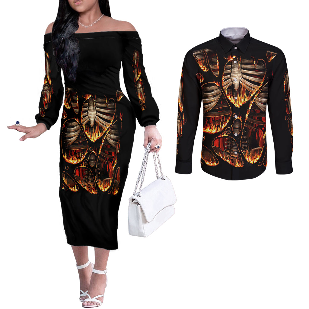 flame-skull-couples-matching-off-the-shoulder-long-sleeve-dress-and-long-sleeve-button-shirts-flame-skeleton-inside-my-body