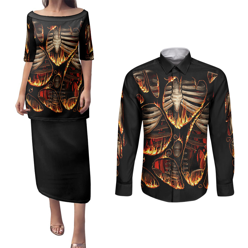 Flame Skull Couples Matching Puletasi Dress and Long Sleeve Button Shirts Flame Skeleton Inside My Body - Wonder Print Shop