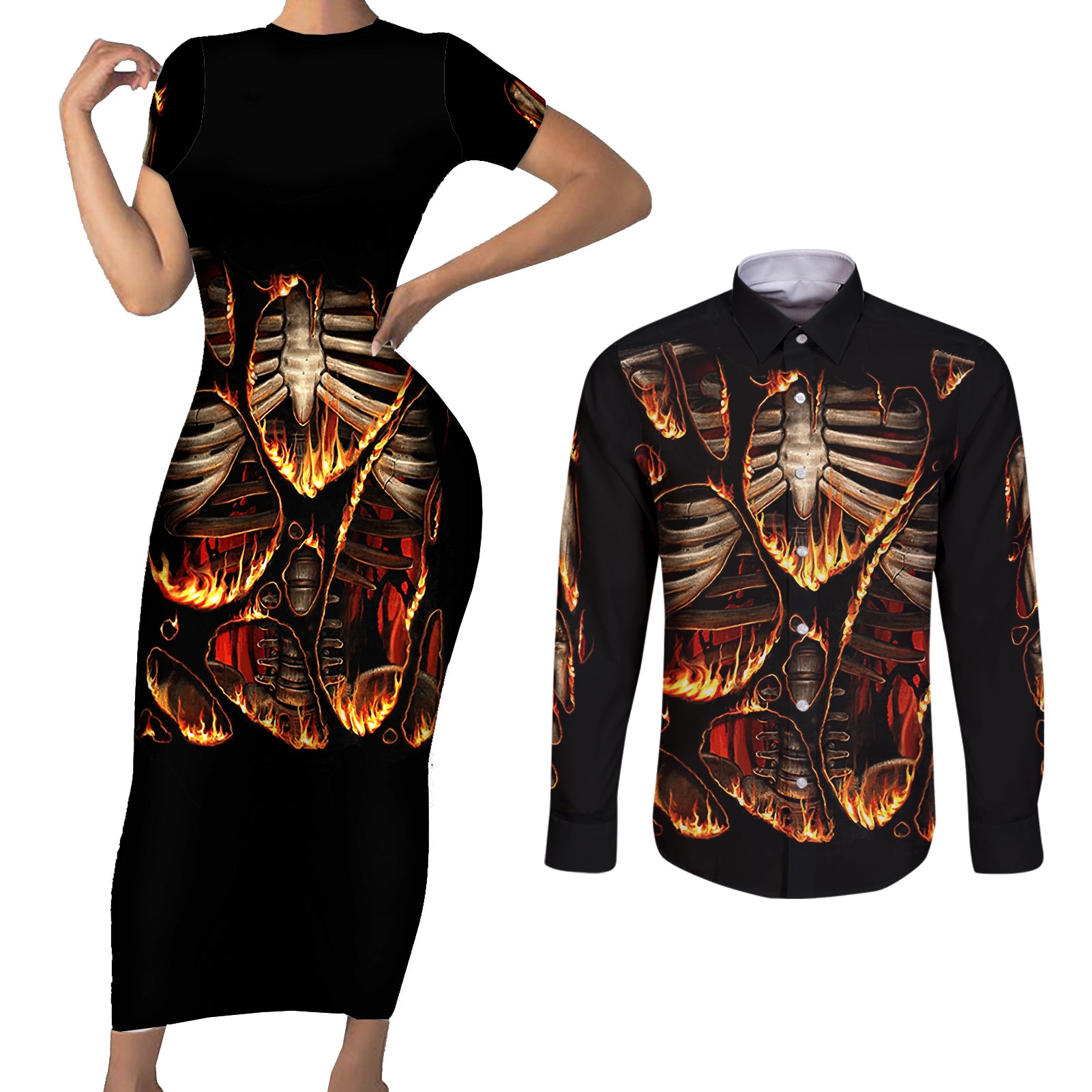 Flame Skull Couples Matching Short Sleeve Bodycon Dress and Long Sleeve Button Shirts Flame Skeleton Inside My Body - Wonder Print Shop