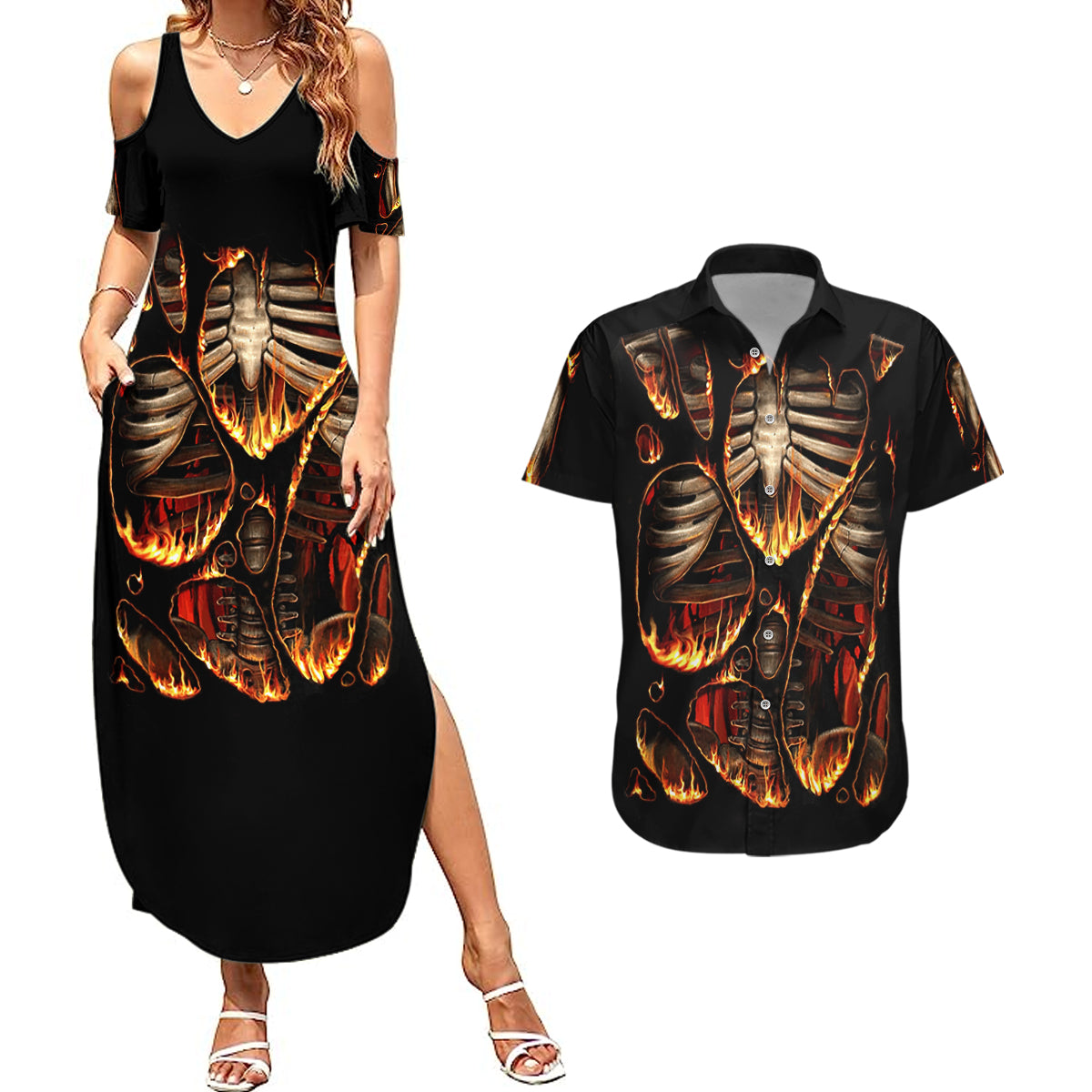 Flame Skull Couples Matching Summer Maxi Dress and Hawaiian Shirt Flame Skeleton Inside My Body - Wonder Print Shop