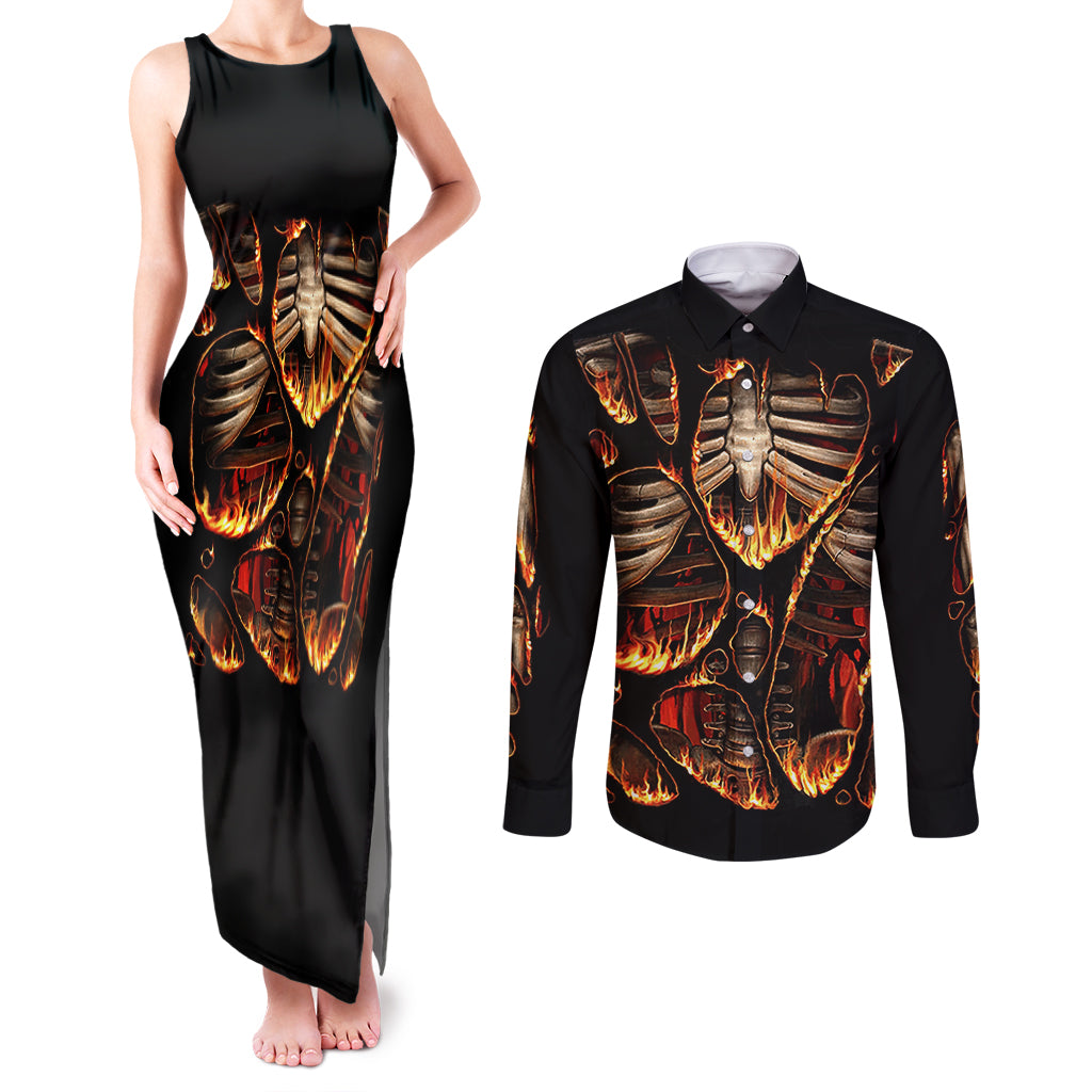 Flame Skull Couples Matching Tank Maxi Dress and Long Sleeve Button Shirts Flame Skeleton Inside My Body - Wonder Print Shop