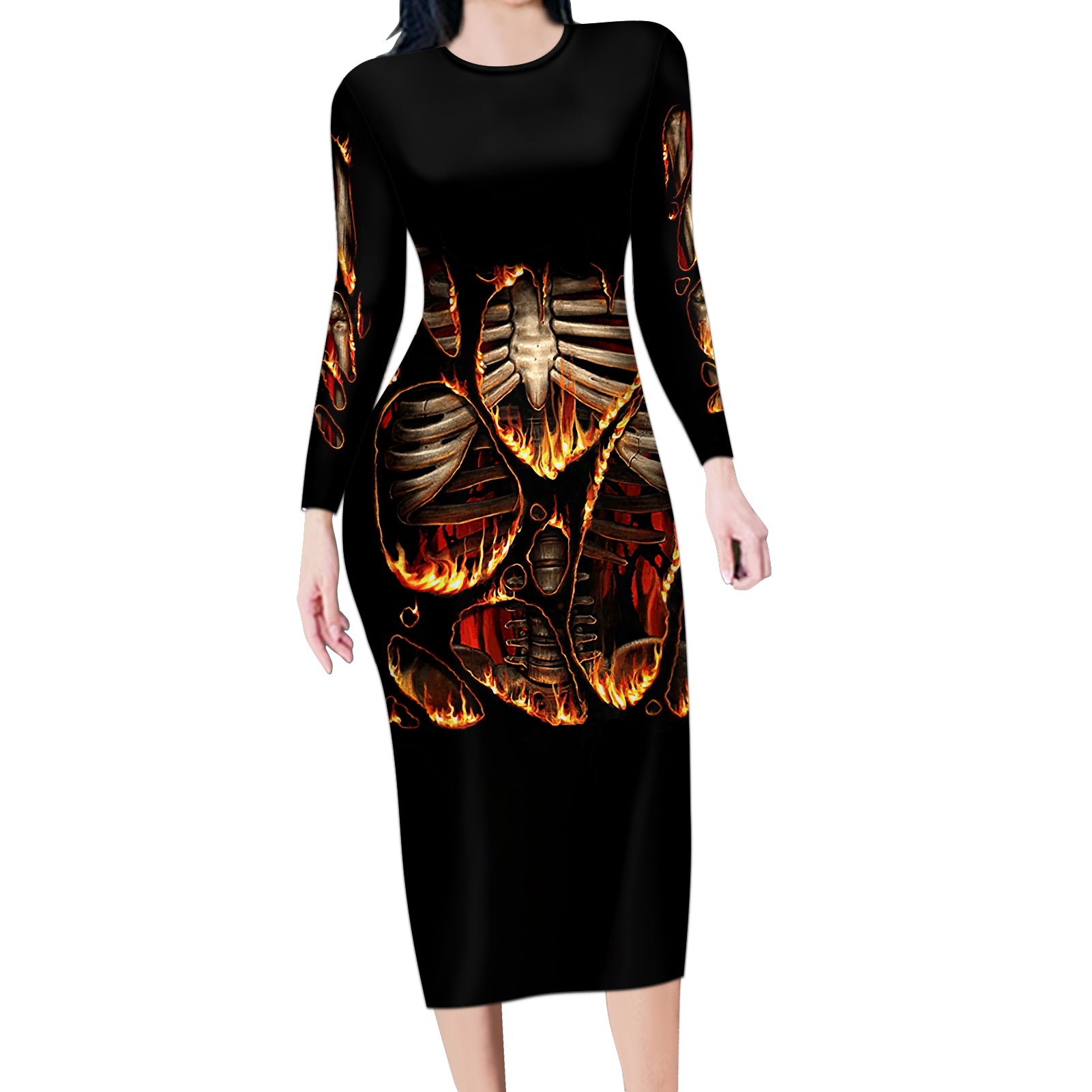 Flame Skull Long Sleeve Bodycon Dress Flame Skeleton Inside My Body - Wonder Print Shop