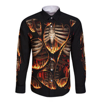 Black long sleeve button shirt with flaming skeleton ribcage graphic front