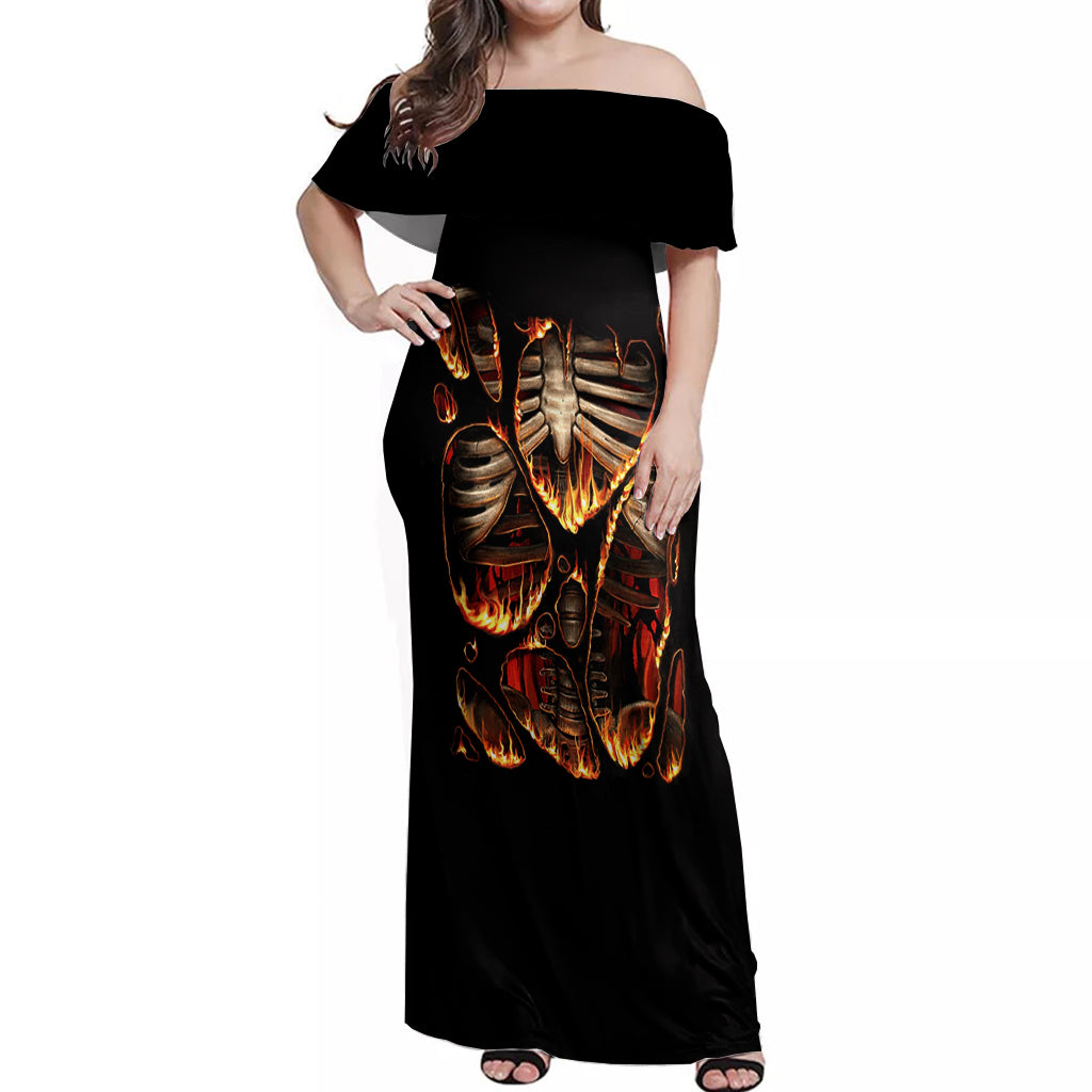 Flame Skull Off Shoulder Maxi Dress Flame Skeleton Inside My Body - Wonder Print Shop