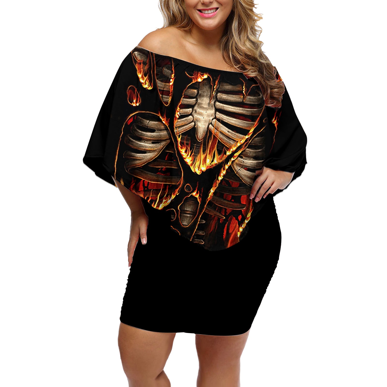 Flame Skull Off Shoulder Short Dress Flame Skeleton Inside My Body - Wonder Print Shop