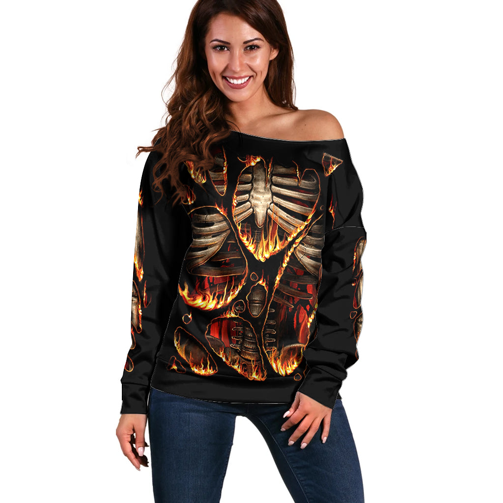 Flame Skull Off Shoulder Sweater Flame Skeleton Inside My Body - Wonder Print Shop