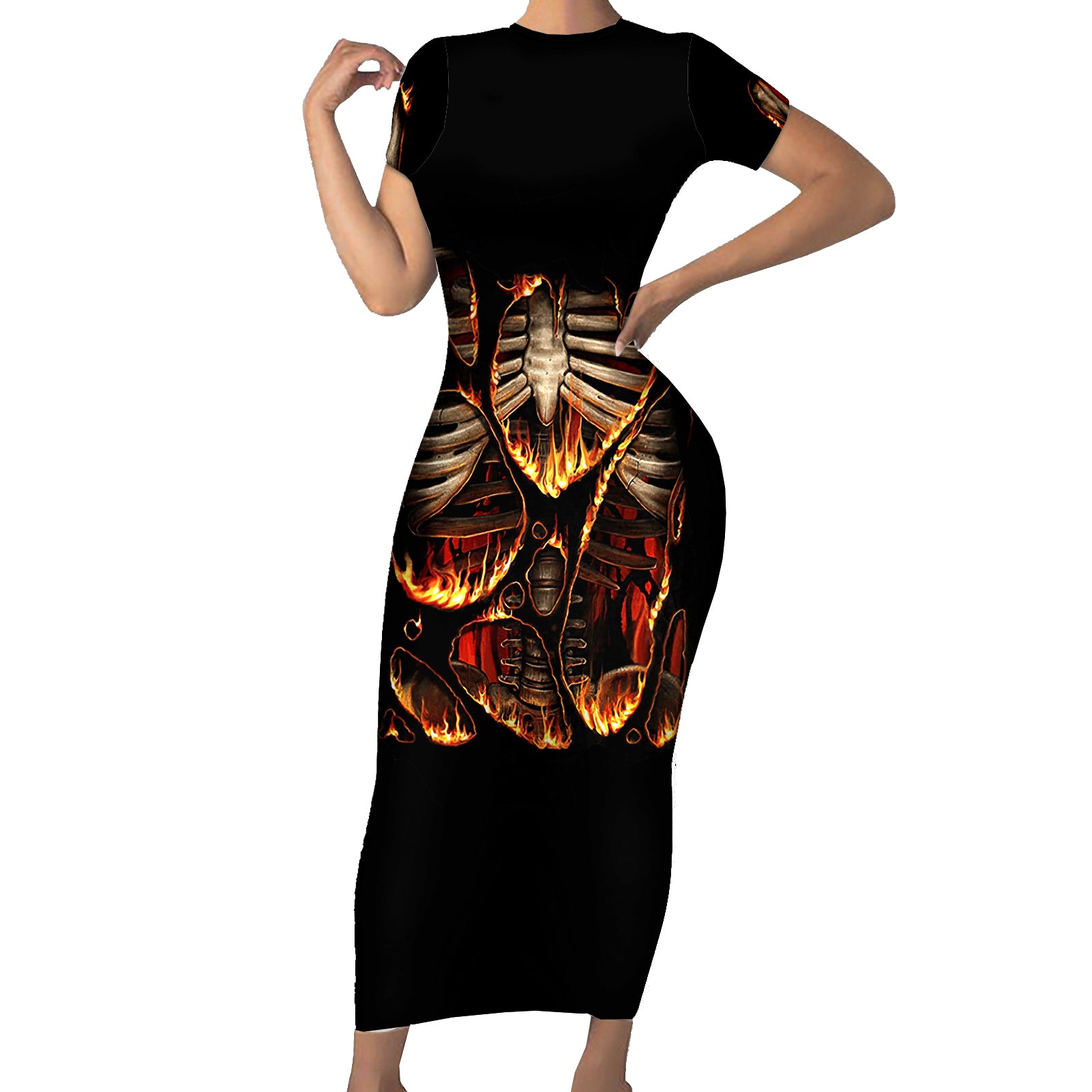 Flame Skull Short Sleeve Bodycon Dress Flame Skeleton Inside My Body - Wonder Print Shop