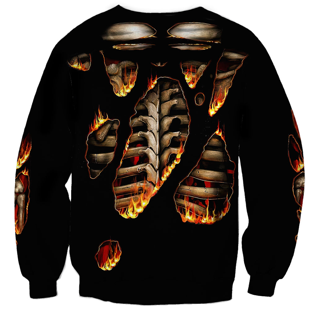 Black unisex sweatshirt with flaming skeleton bones and skull graphic on back