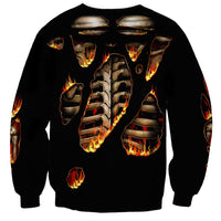 Black unisex sweatshirt with flaming skeleton bones and skull graphic on back