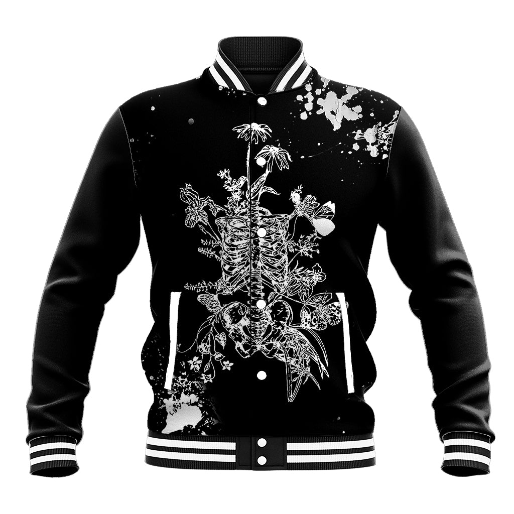 Black baseball jacket with ribbed striped collar and front skeleton rose graphic