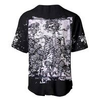 Black baseball jersey back with large white rose-skull skeleton and floral frame art