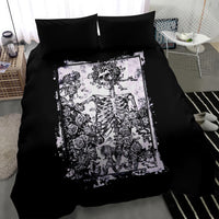 Black bedding set featuring a white skull, skeleton, and roses square center panel