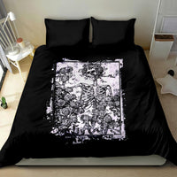 Black duvet cover with white skull and skeleton rose artwork, two black pillow shams