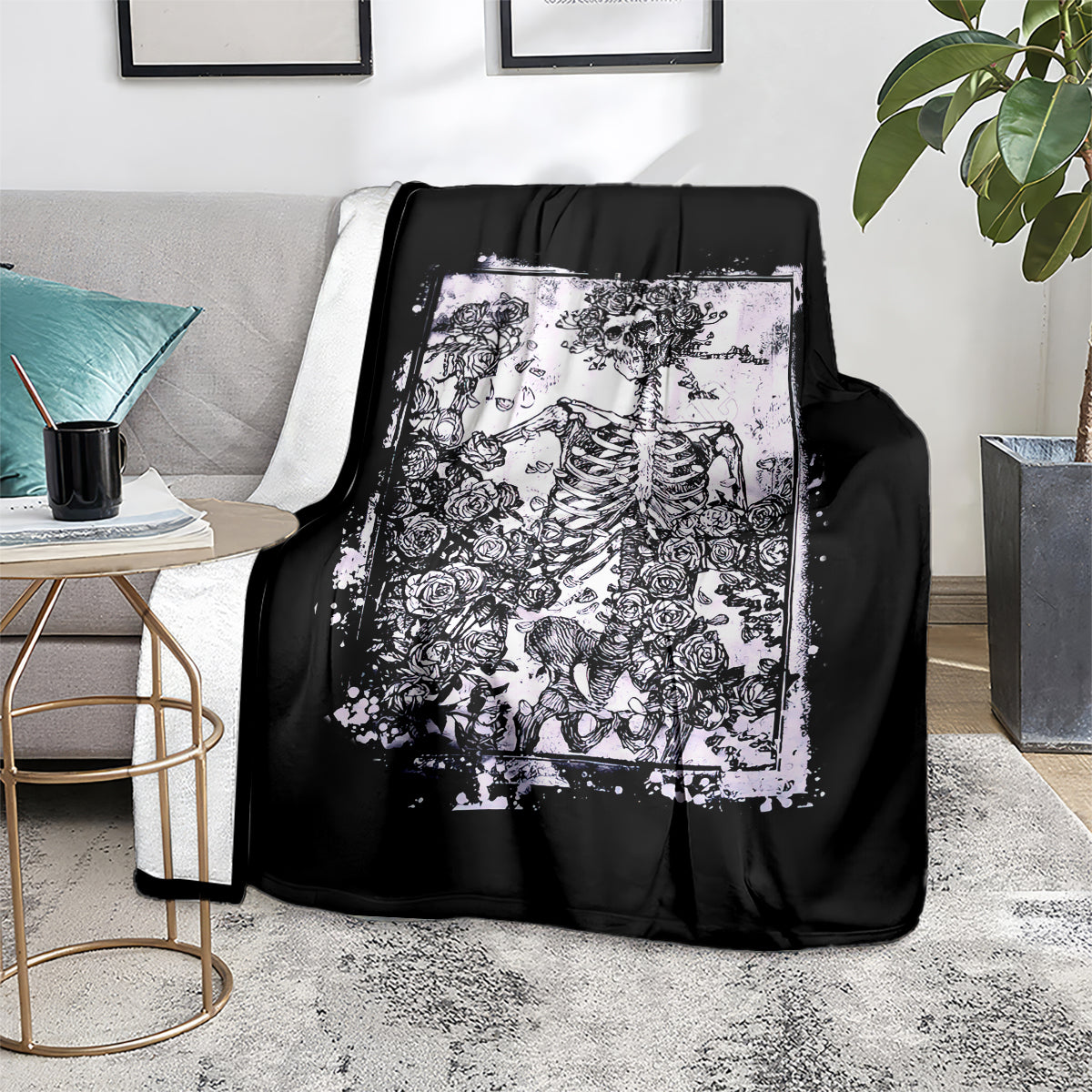 Black skull and rose blanket with white Day of the Dead-style illustration