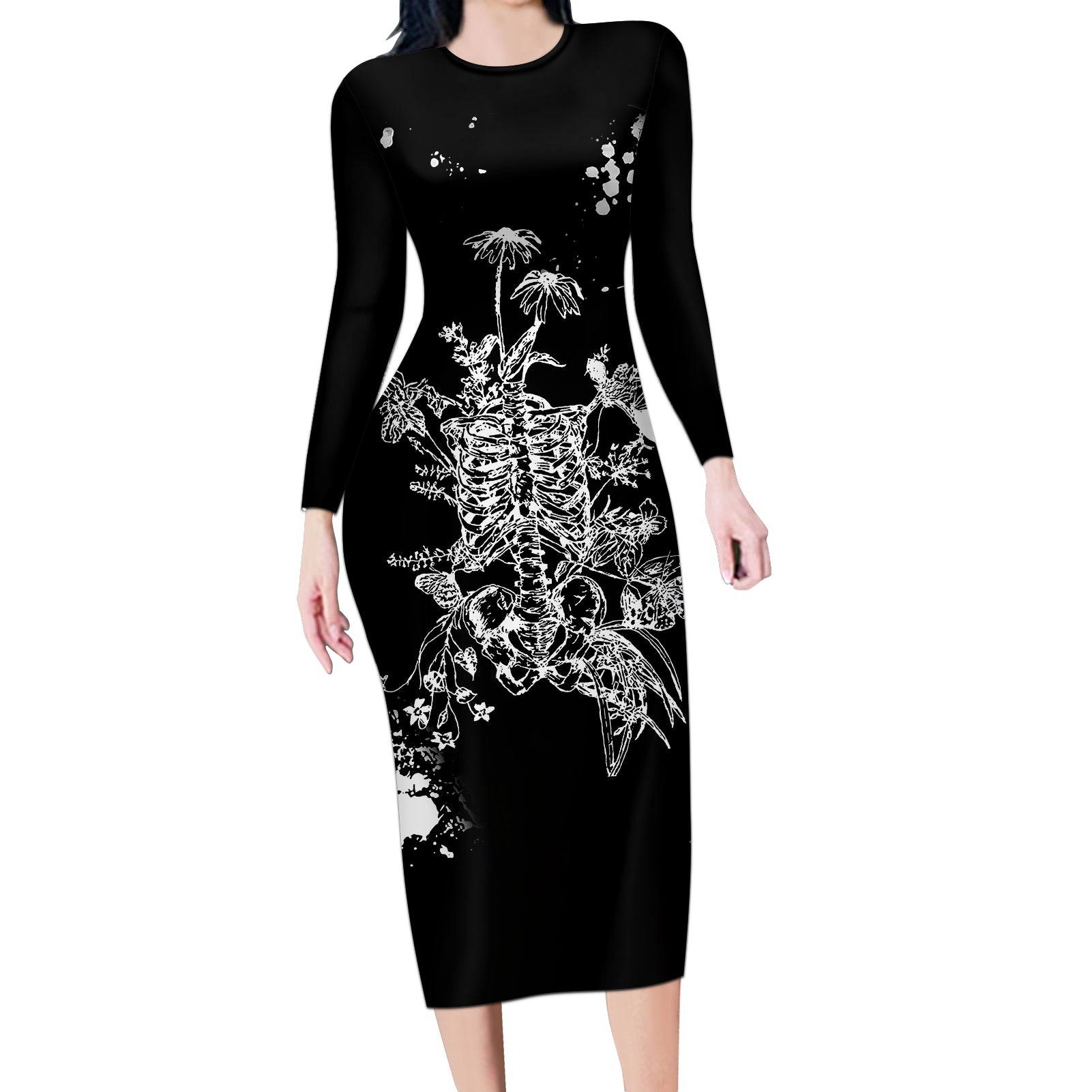 Rose Skull Long Sleeve Bodycon Dress White Rose Skull Day Of The Dead - Wonder Print Shop