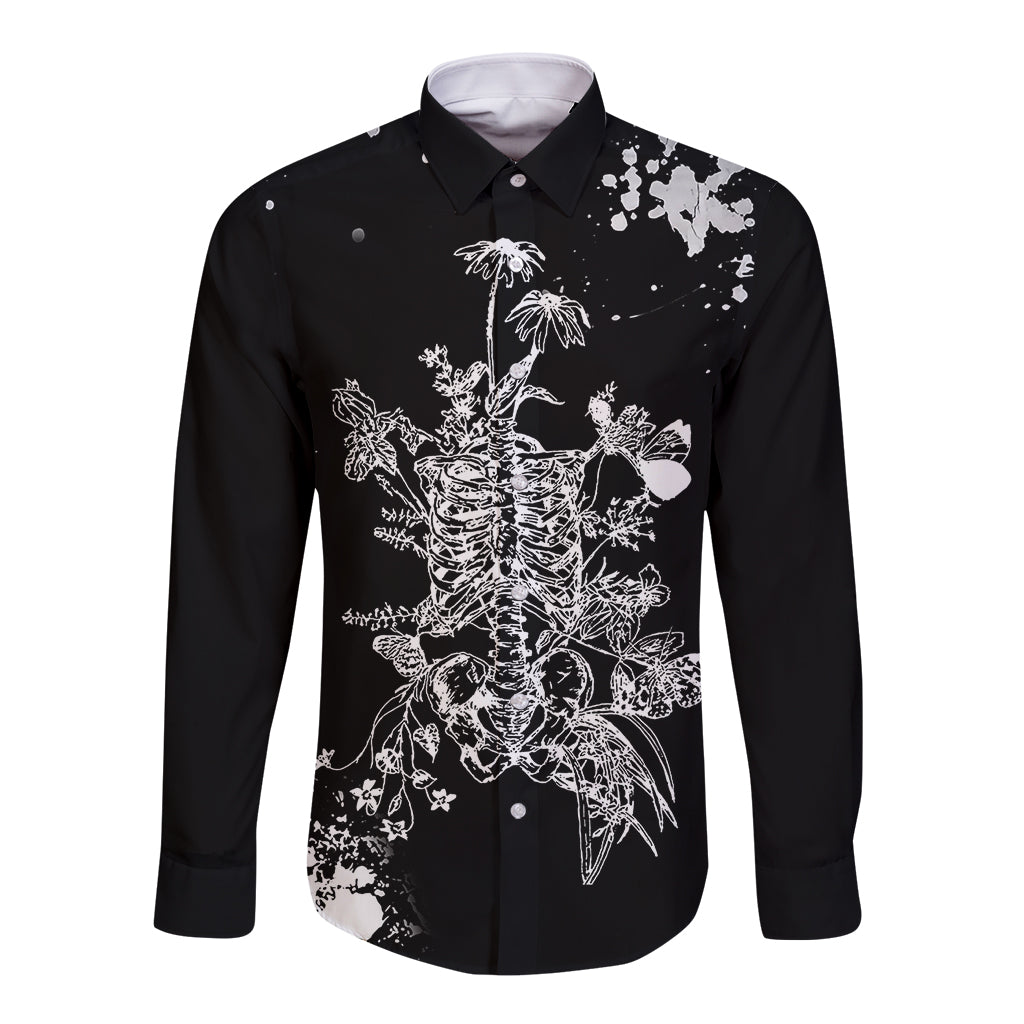 Rose Skull Long Sleeve Button Shirt White Rose Skull Day Of The Dead - Wonder Print Shop