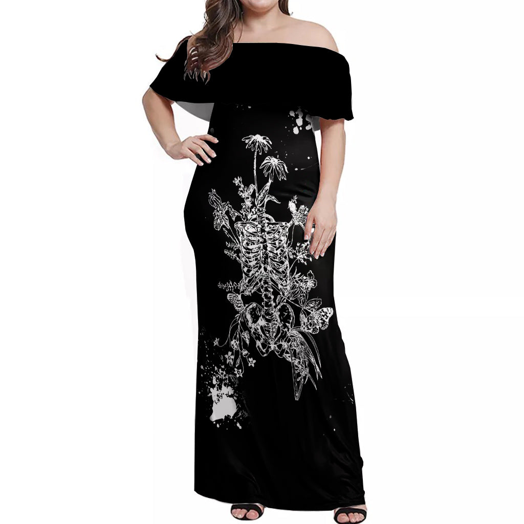 Rose Skull Off Shoulder Maxi Dress White Rose Skull Day Of The Dead - Wonder Print Shop