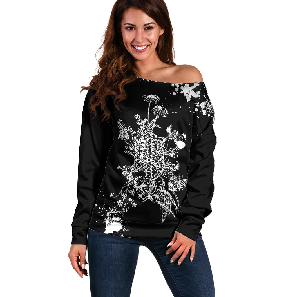 Rose Skull Off Shoulder Sweater White Rose Skull Day Of The Dead - Wonder Print Shop