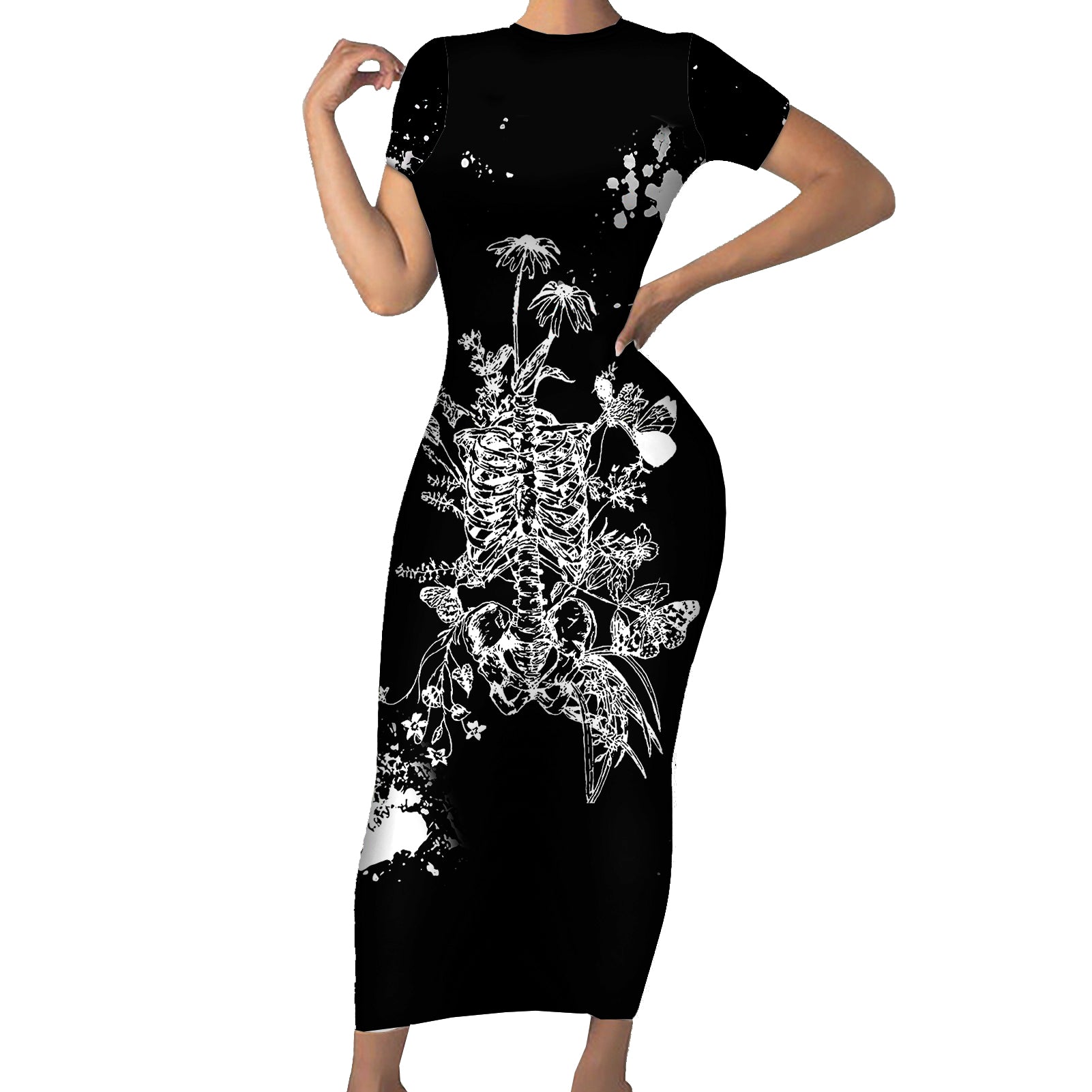 Rose Skull Short Sleeve Bodycon Dress White Rose Skull Day Of The Dead - Wonder Print Shop