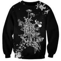 Black unisex sweatshirt with white skeleton and floral Day of the Dead graphic