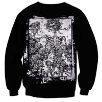Black unisex sweatshirt with back print of white skeleton surrounded by roses