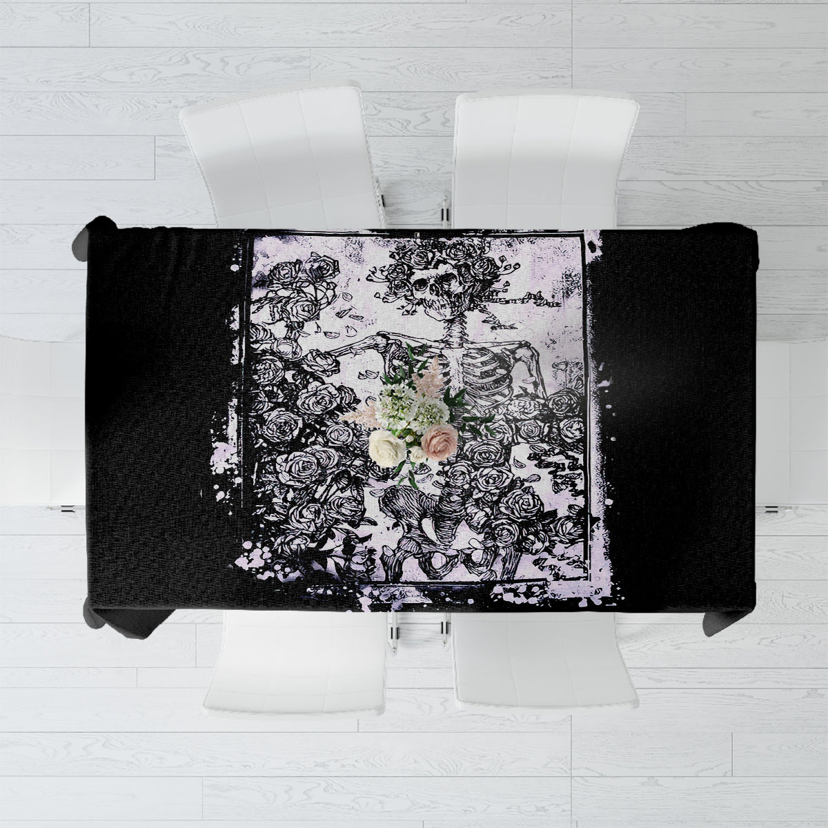 Black Day of the Dead tablecloth with white skull and rose motif panel
