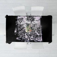 Black Day of the Dead tablecloth with white skull and rose motif panel