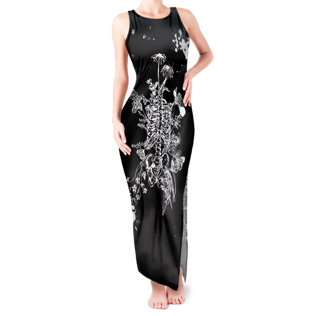 Rose Skull Tank Maxi Dress White Rose Skull Day Of The Dead - Wonder Print Shop