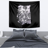 Black skull tapestry featuring centered white skeleton and roses artwork