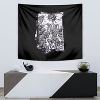 Black wall tapestry with centered white skeleton, roses, and skull illustration